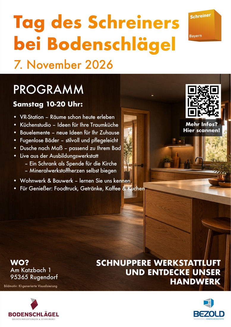 Flyer Tag des Schreiners bei Bodenschlägel am 7. November 2026 mit dem Programm